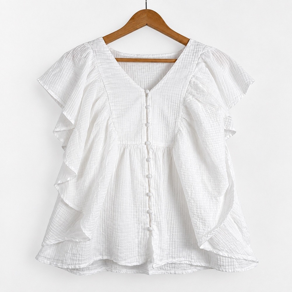 Anthropologie Delfina Top Ruffle Button Front Cotton Gauze White Size M